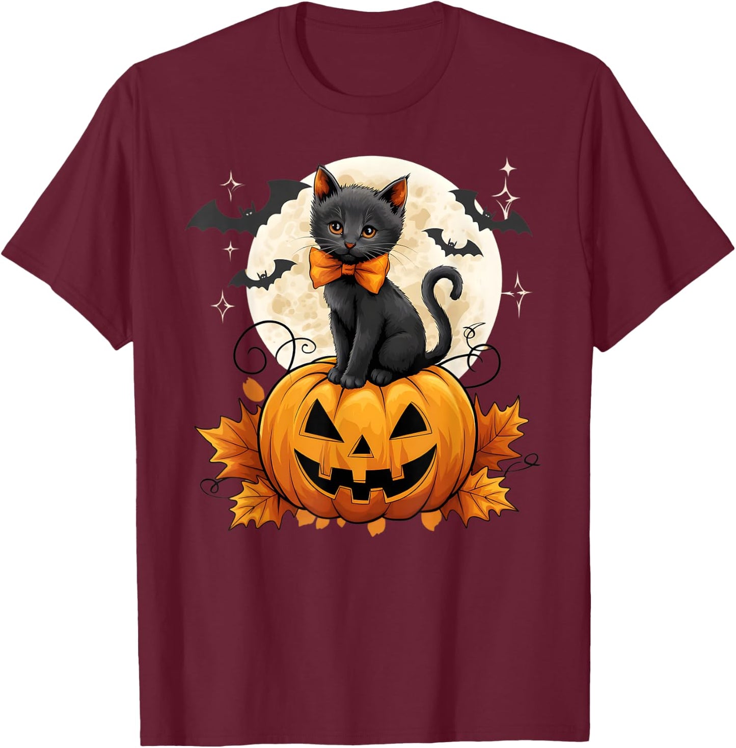 Retro Black Cat Halloween Pumpkin Costume Women Kids Girls T-Shirt - T-Shirt | Maroon
