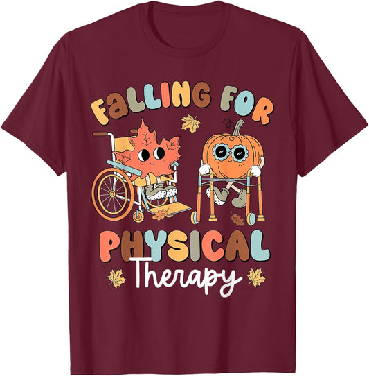 Falling For Physical Therapy PT Pumpkin Fall Thanksgiving T-Shirt - T-Shirt | Maroon