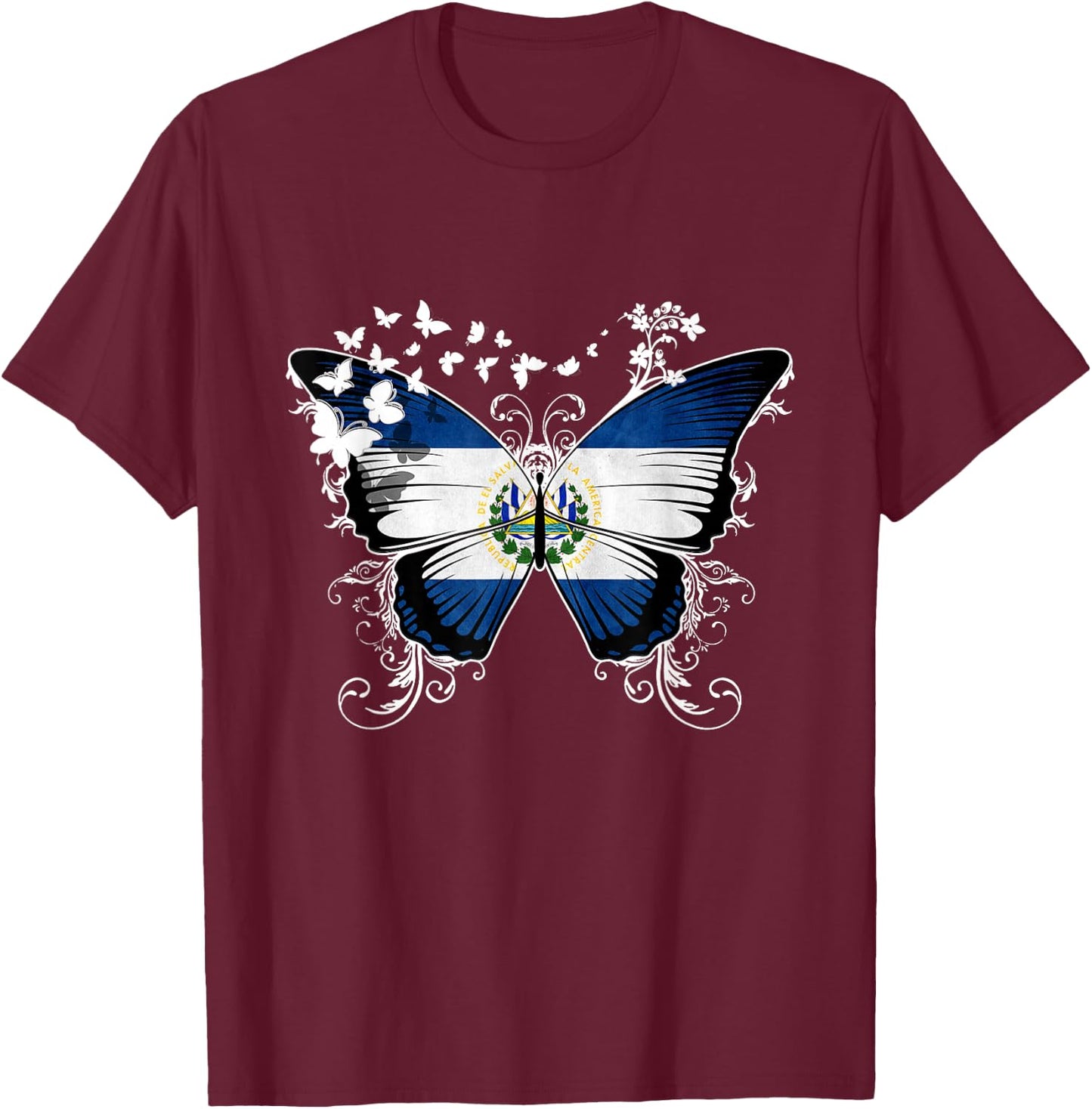 El Salvador Flag Shirt Butterfly Graphic T Shirt T-Shirt - T-Shirt | Maroon