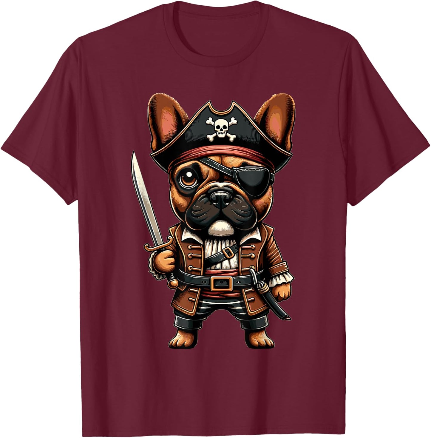 French Bulldog Pirate Dog Halloween Party Men Women Kids T-Shirt - T-Shirt | Maroon