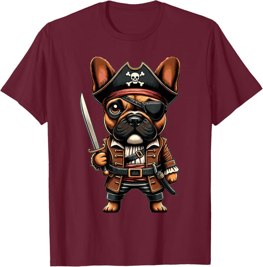 French Bulldog Pirate Dog Halloween Party Men Women Kids T-Shirt - T-Shirt | Maroon
