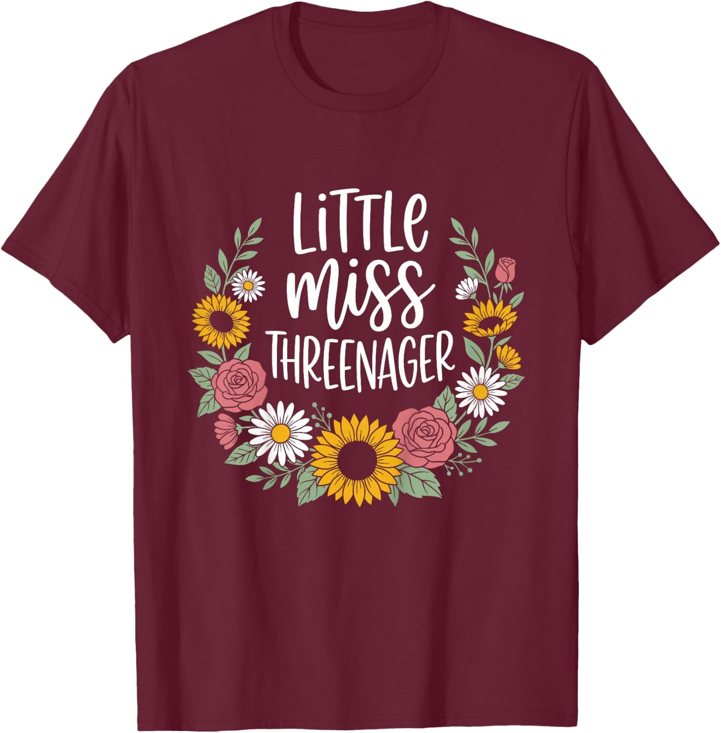 Floral Miss Threenager 3rd Birthday 3 Years Girls Kids T-Shirt - T-Shirt | Maroon