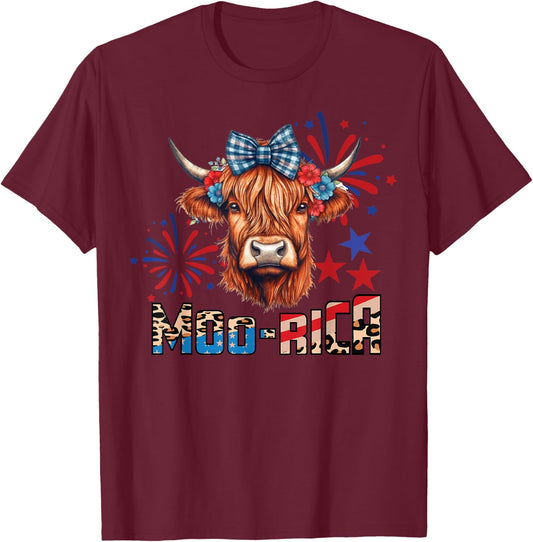 Moo-Rica Highland Cow 4th of July Memorial Day Patriotic Cow T-Shirt - T-Shirt | Maroon