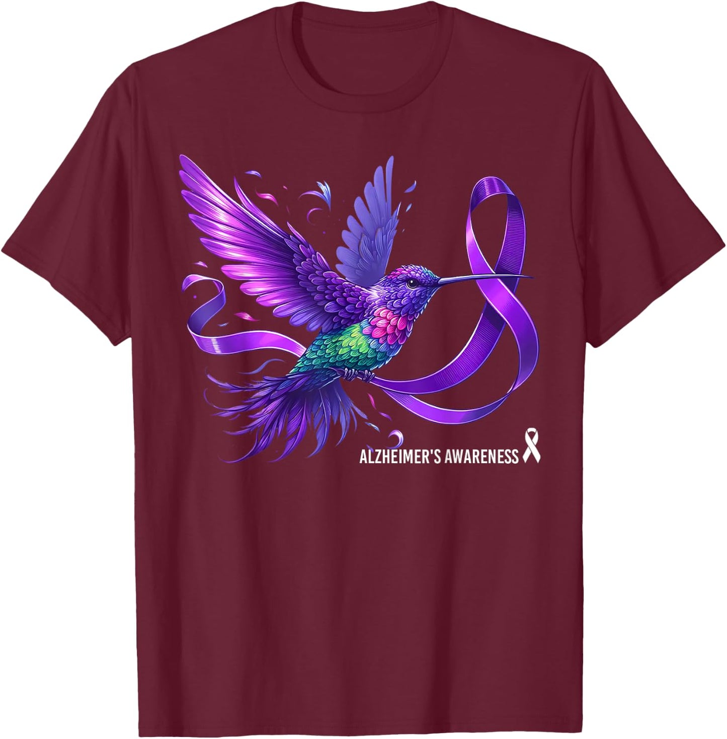 Hummingbird Holding Purple Ribbon Alzheimer's Awareness T-Shirt - T-Shirt | Maroon