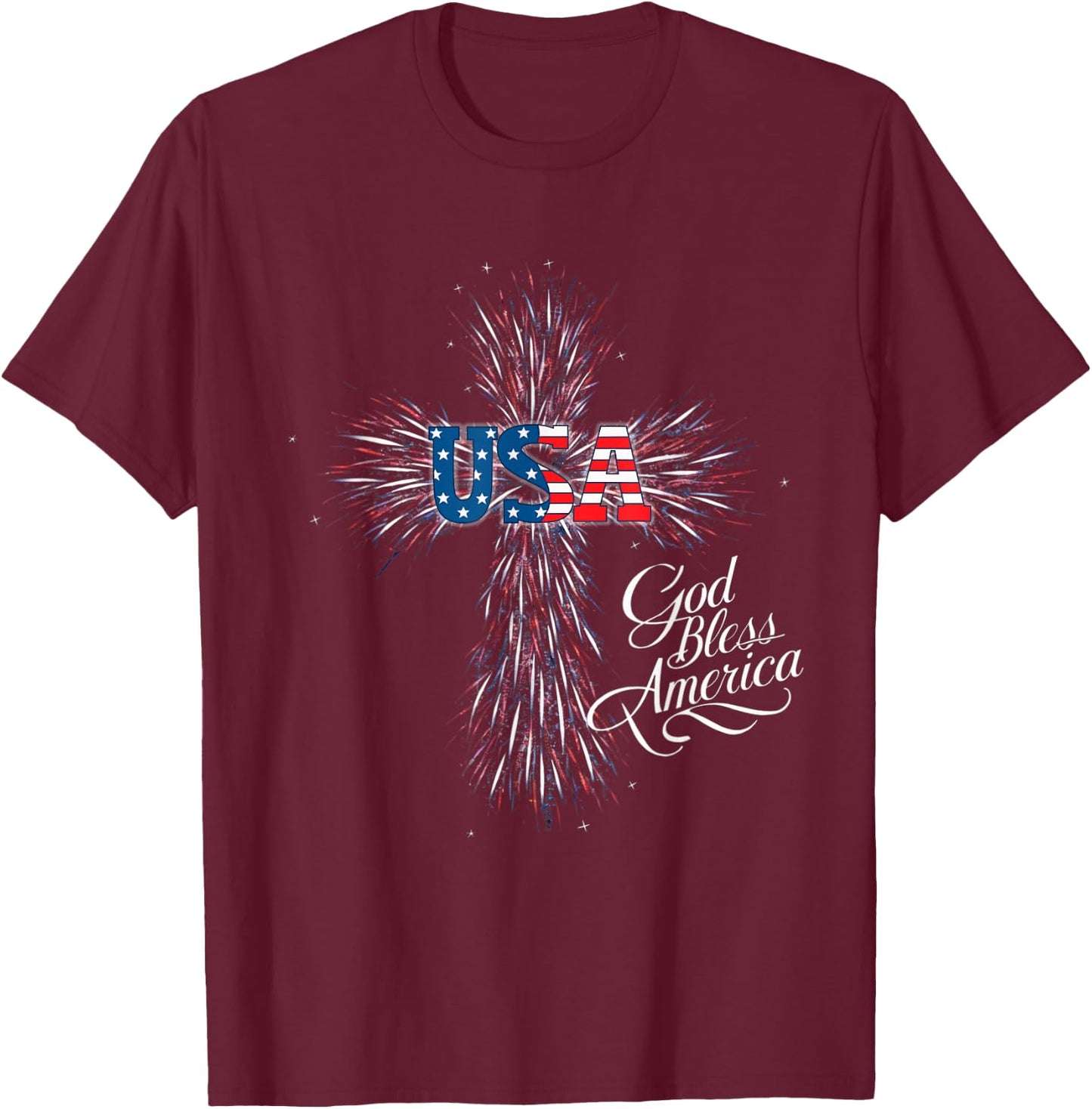 USA God Bless America Patriotic Fireworks Cross Women Men T-Shirt - T-Shirt | Maroon