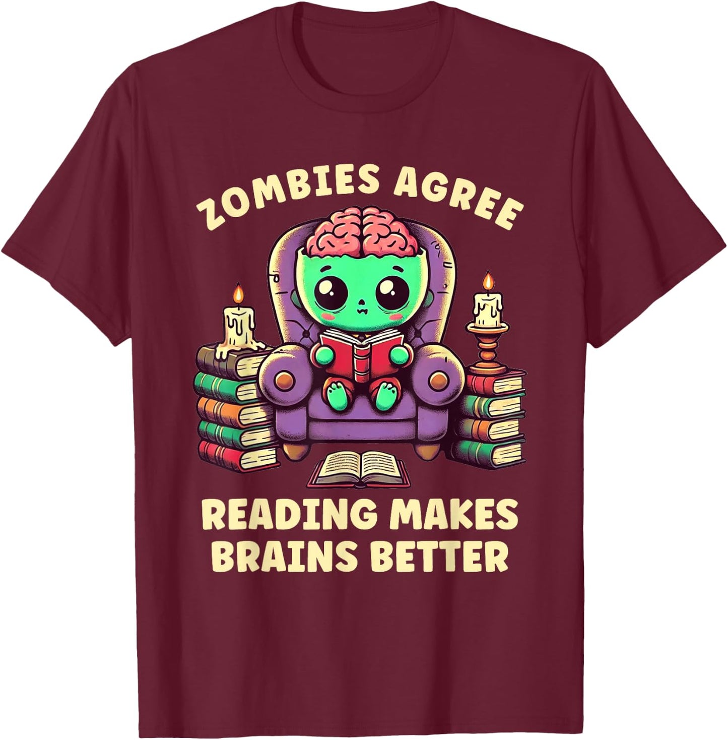 Halloween Teacher Zombie Reading is Good For Brains T-Shirt - T-Shirt | Maroon