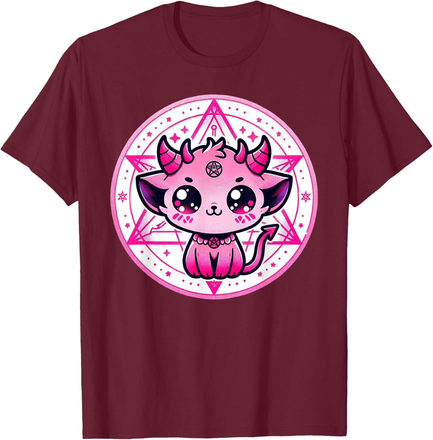 Cute Baphomet Satanic Cat and Artistic Gothic Kawaii Demon T-Shirt - T-Shirt | Maroon