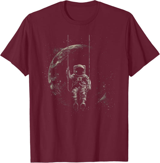 Astronaut Swinging on Moon T-Shirt - T-Shirt | Maroon