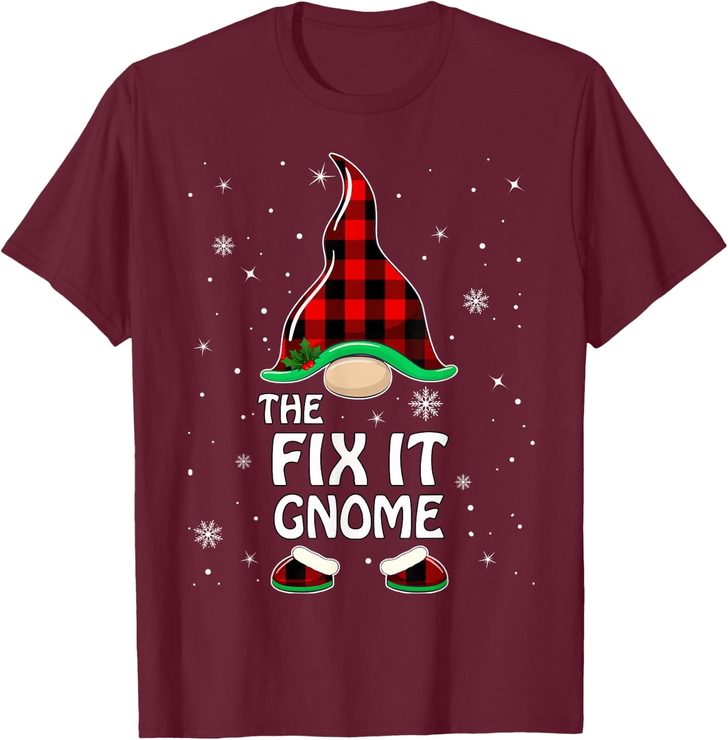 Fix It Gnome Buffalo Plaid Matching Family Christmas Pajama T-Shirt - T-Shirt | Maroon
