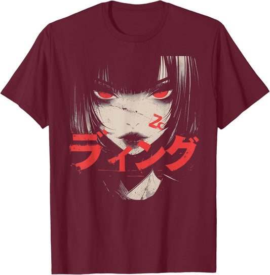 Goth Grunge Demon Anime Girl Waifu Horror Alt Aesthetic T-Shirt - T-Shirt | Maroon