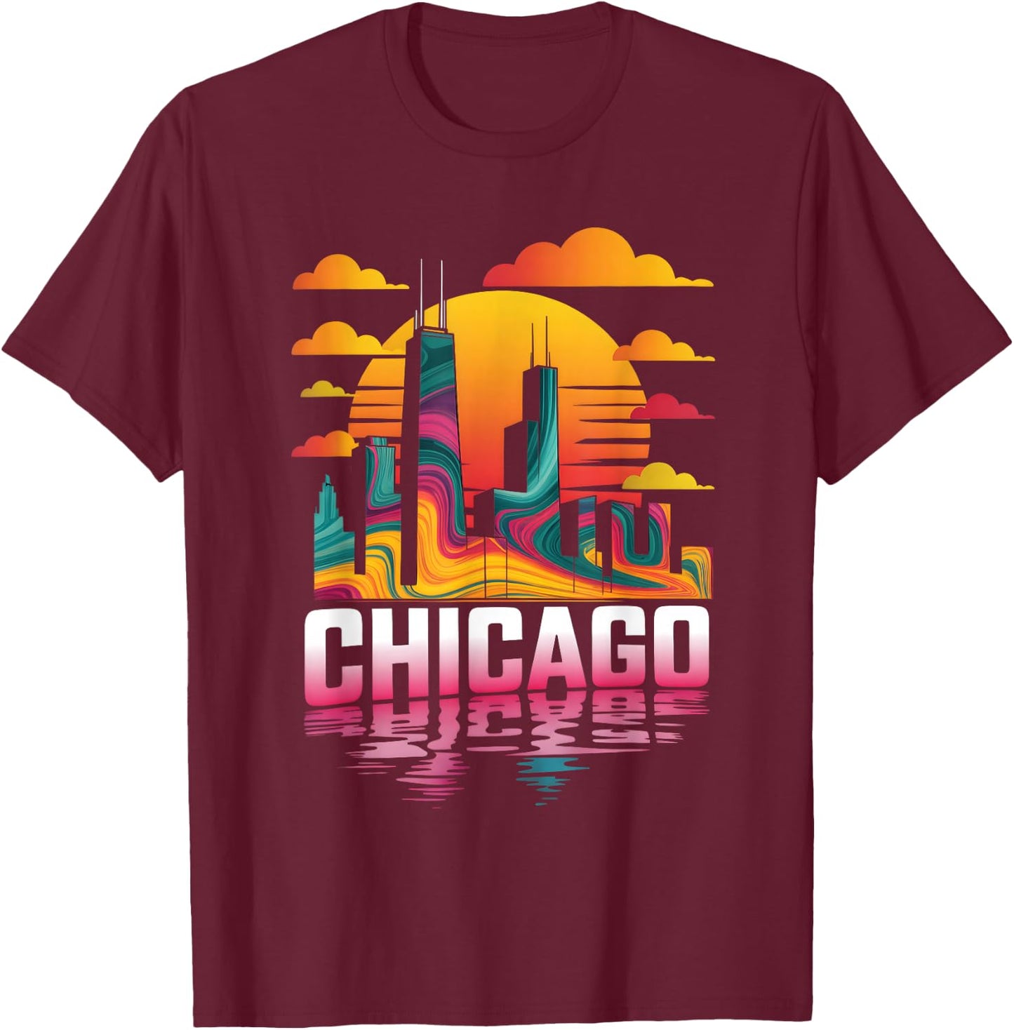 Chicago City Skyline Retro Sunset Illinois Travel Souvenir T-Shirt - T-Shirt | Maroon