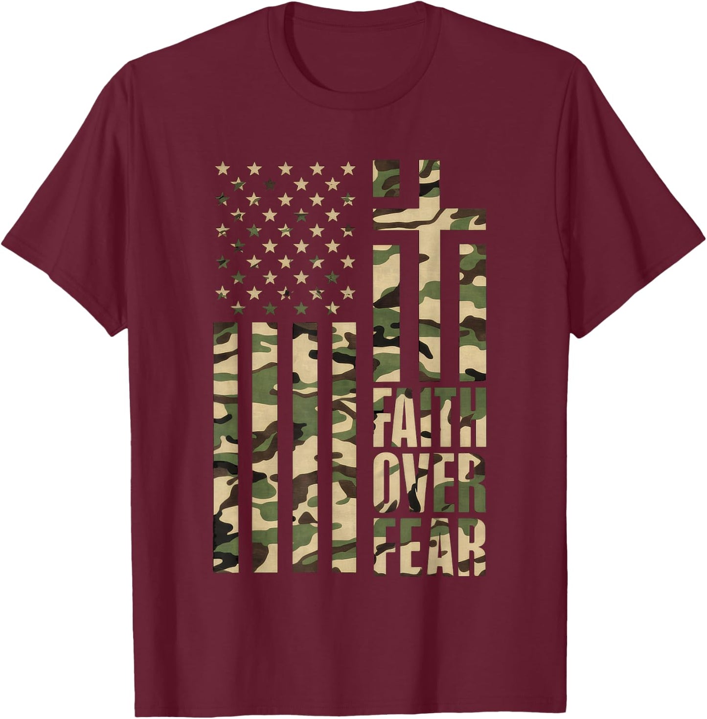 Christian USA Flag Cross Back Print Faith Over Fear Top T-Shirt - T-Shirt | Maroon