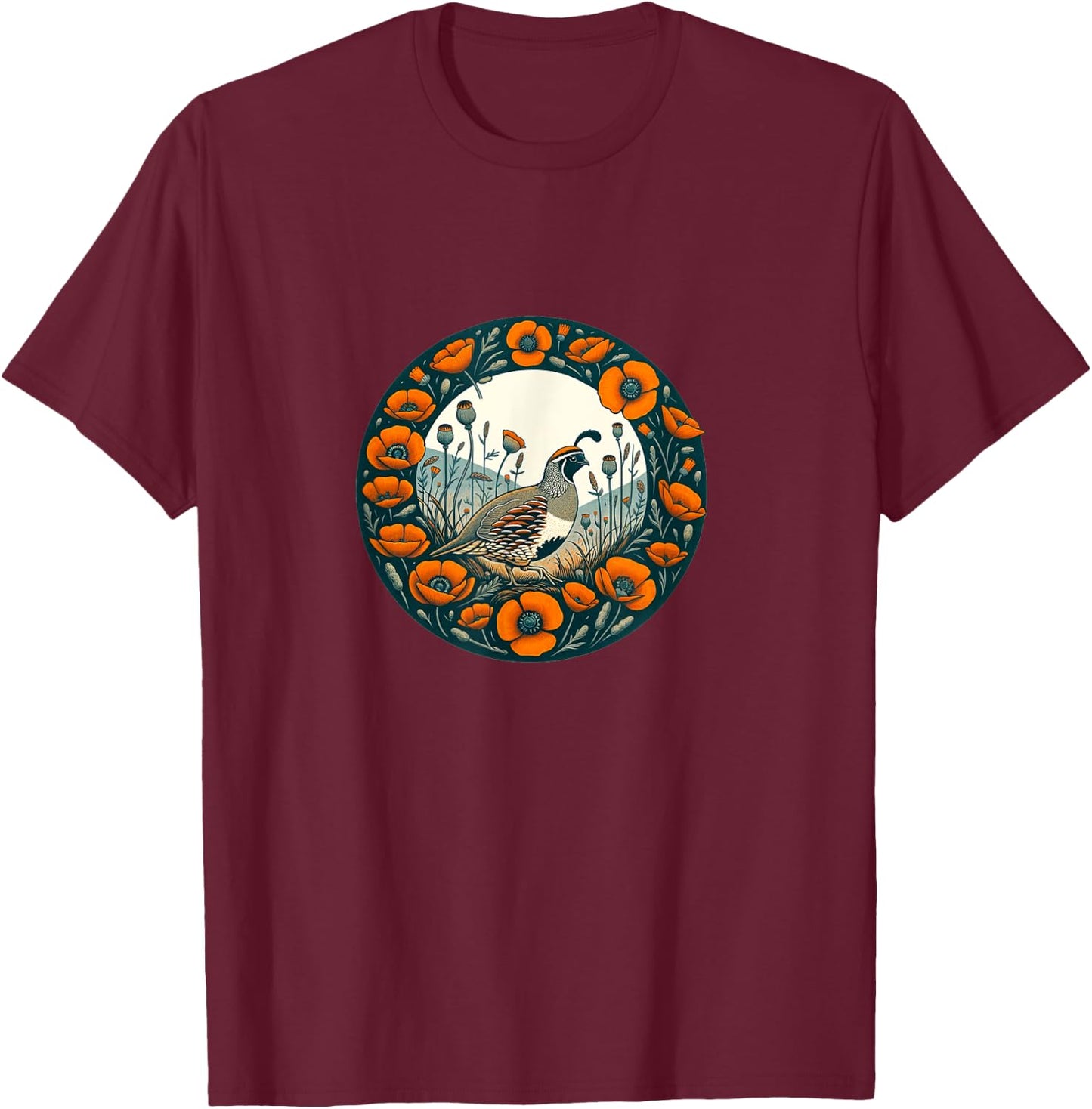 California Poppy and California quail State bird T-Shirt - T-Shirt | Maroon
