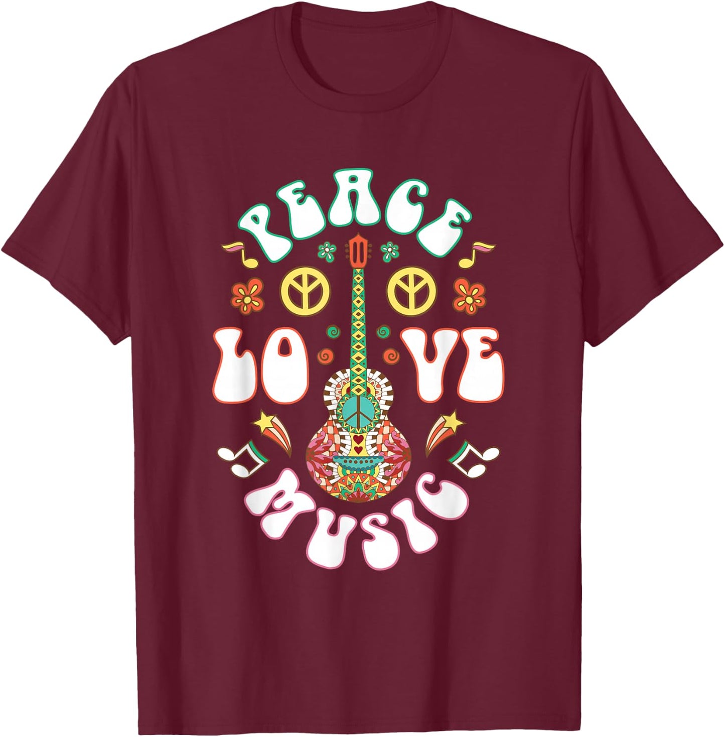 Hippie Hippies Peace Love Music Guitar Retro Hippy Gift T-Shirt - T-Shirt | Maroon