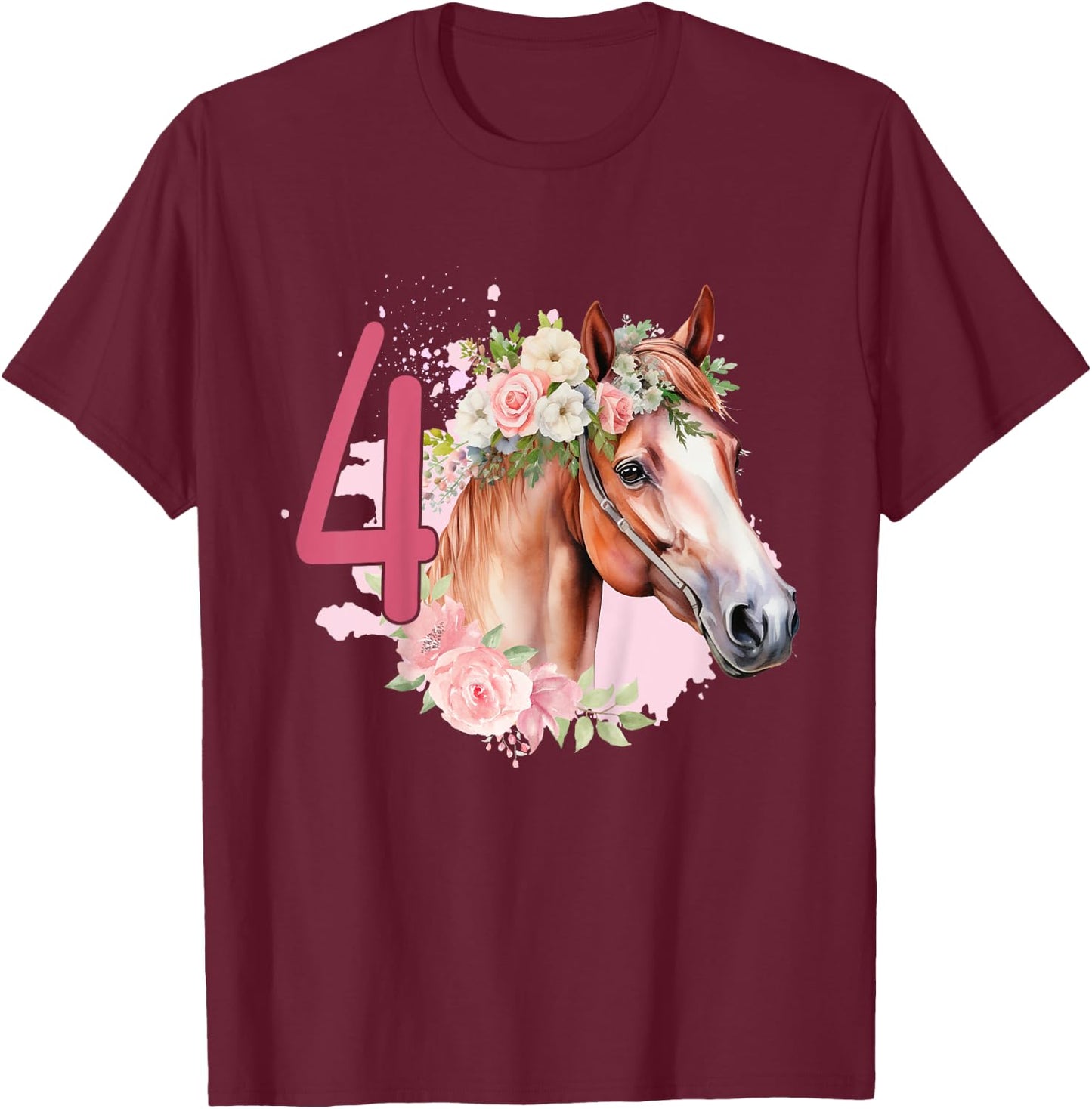 4th Birthday Horse Animals Fourth birthday girl 4 years old T-Shirt - T-Shirt | Maroon