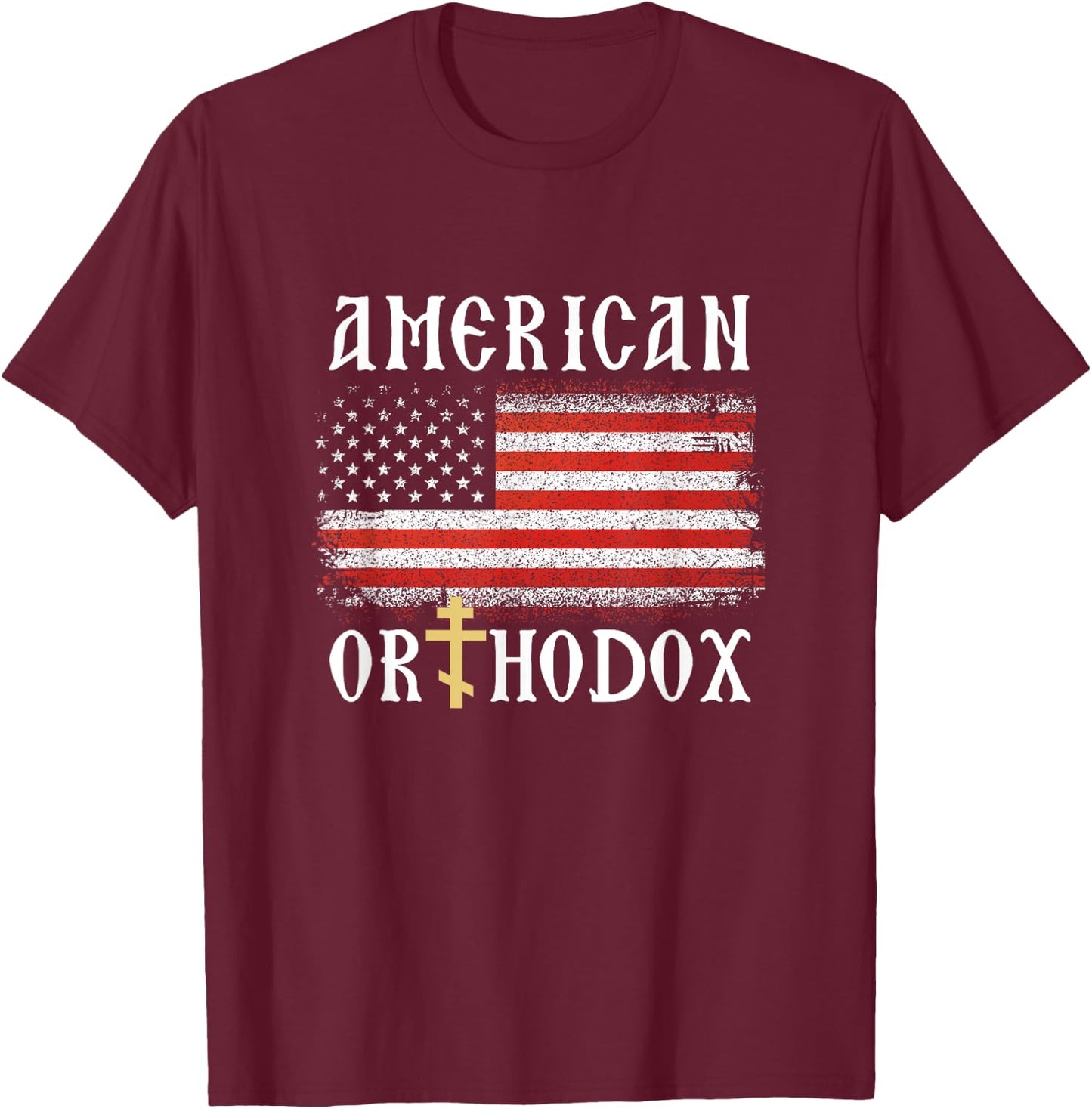 American Flag Orthodox Cross Christian T-Shirt - T-Shirt | Maroon