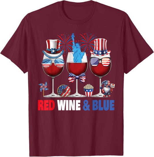 Red Wine Blue Wine Glasses Patriotic USA Flag 4th of July Women Men T-Shirt - T-Shirt | Maroon