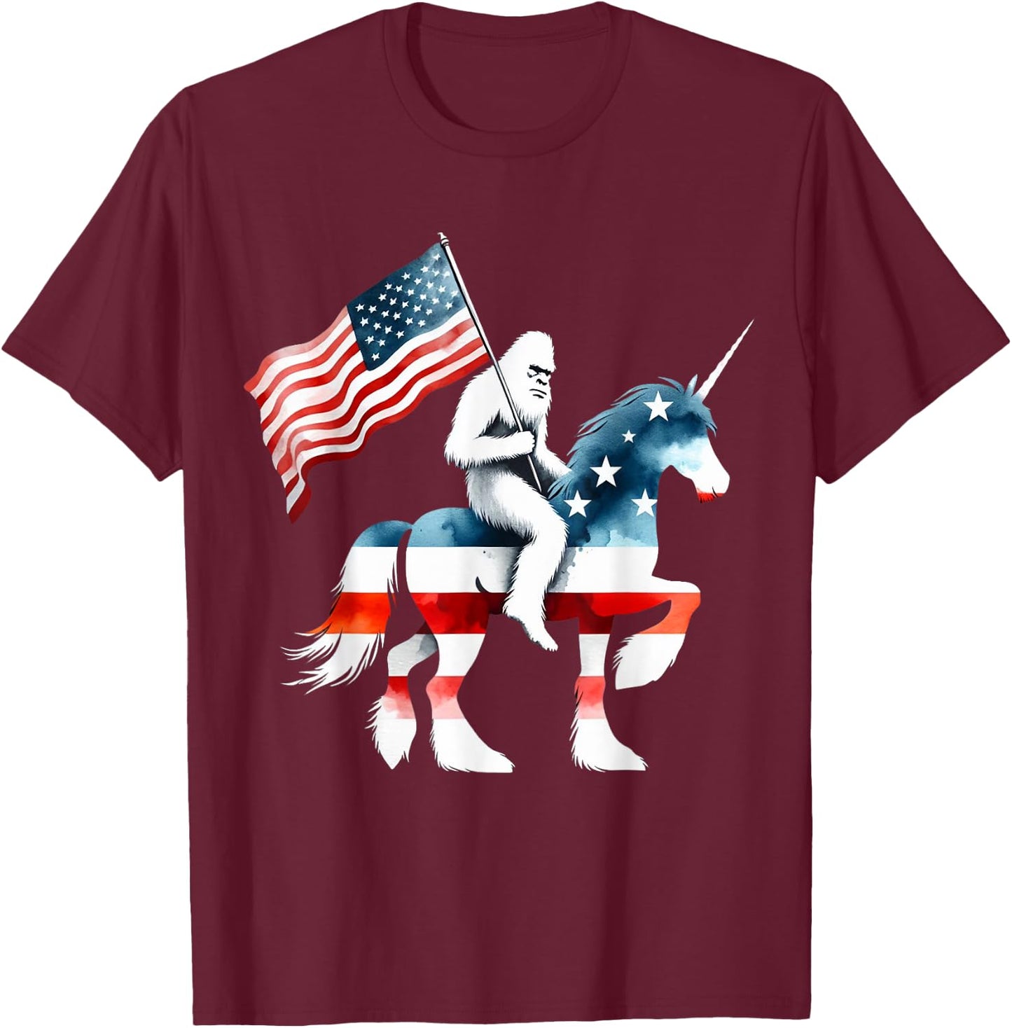 Patriotic Bigfoot Riding Unicorn American Flag 4th Of July Women Kids Men T-Shirt - T-Shirt | Maroon