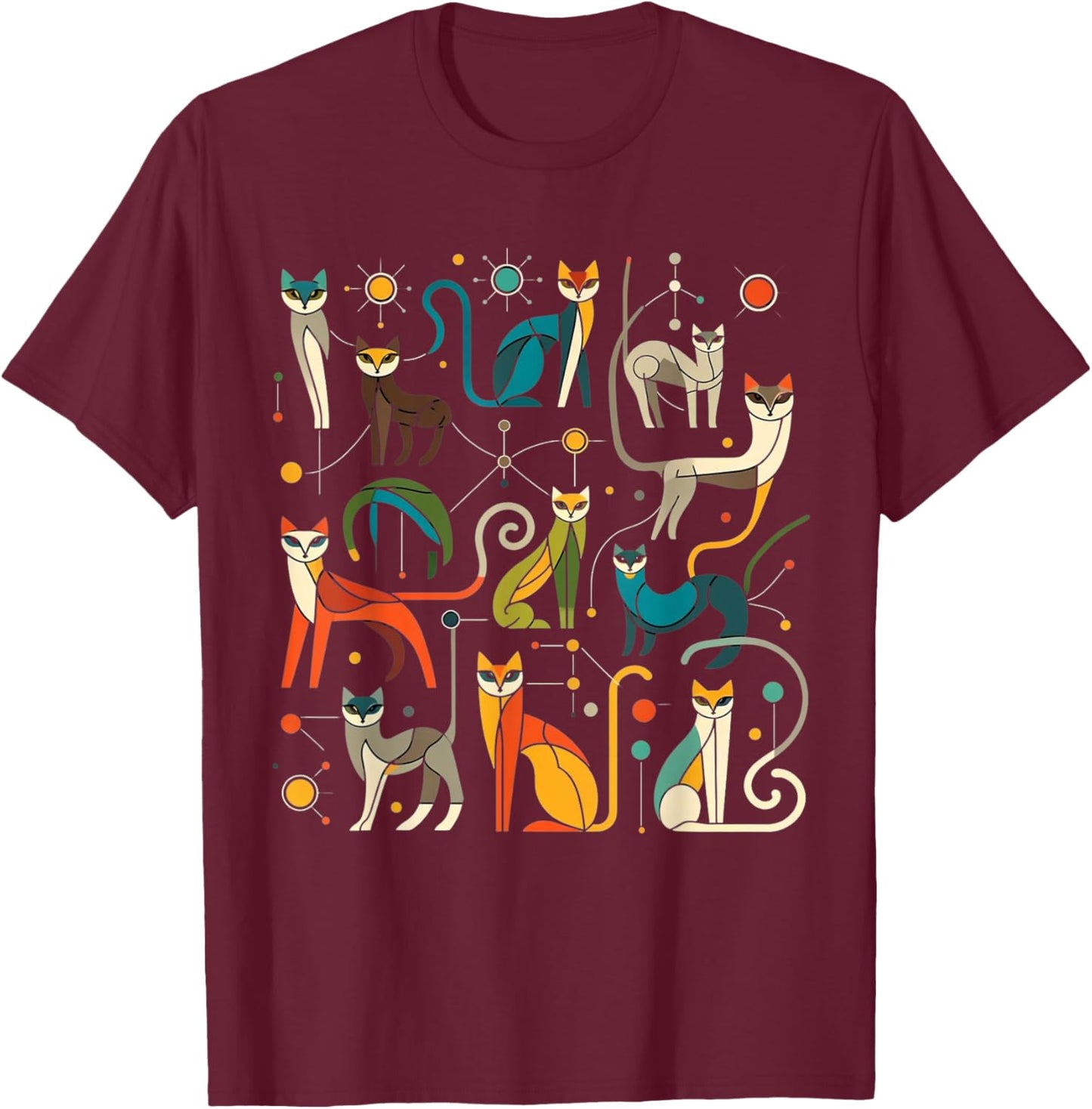 Vintage Retro Mid-Century Long Neck Cats 50s 60s Style T-Shirt - T-Shirt | Maroon