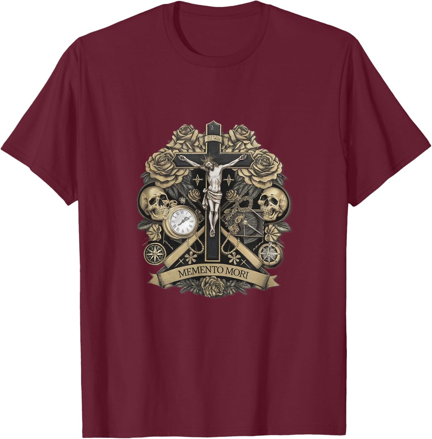 Memento Mori Catholic Crucifix Traditional Latin Mass Skull T-Shirt - T-Shirt | Maroon