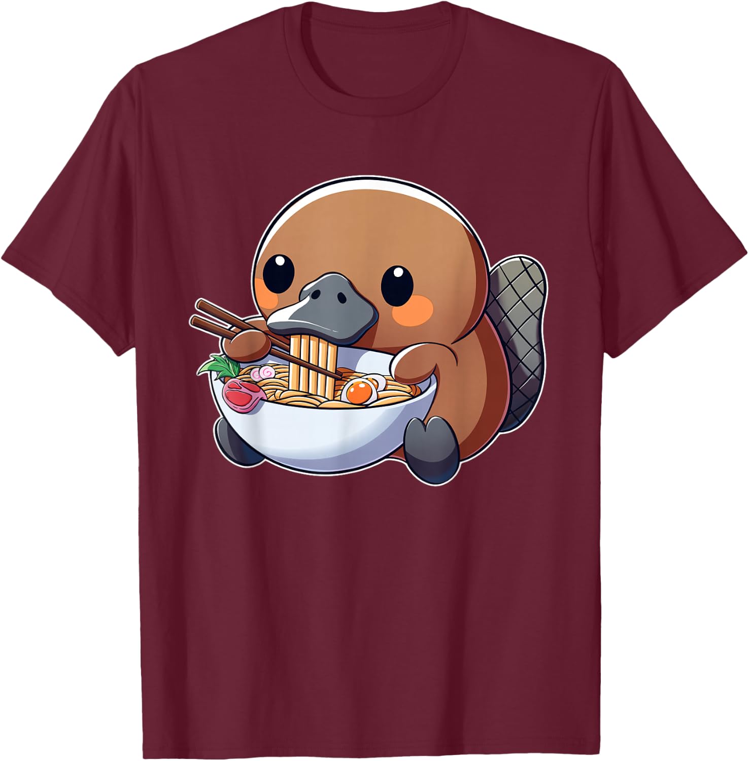 Cute Platypus Ramen Anime Kawaii Japanese Eating Noodle Kids T-Shirt - T-Shirt | Maroon
