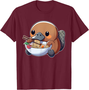 Cute Platypus Ramen Anime Kawaii Japanese Eating Noodle Kids T-Shirt - T-Shirt | Maroon