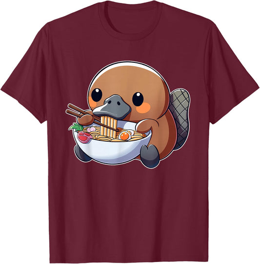 Cute Platypus Ramen Anime Kawaii Japanese Eating Noodle Kids T-Shirt - T-Shirt | Maroon