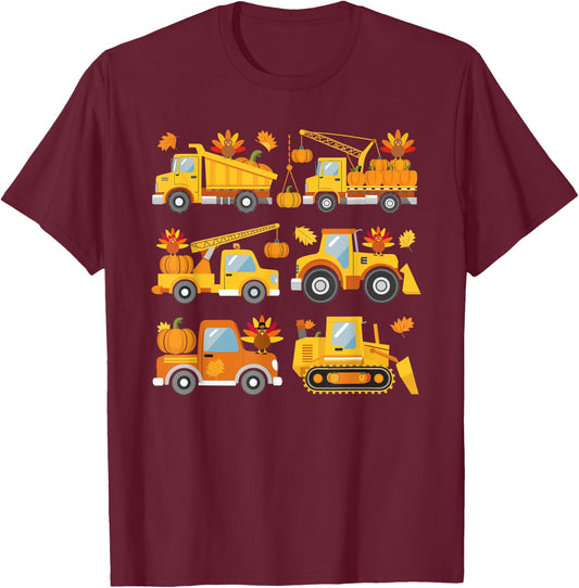 Thanksgiving Fall Construction Trucks Toddler Boys Youth T-Shirt - T-Shirt | Maroon