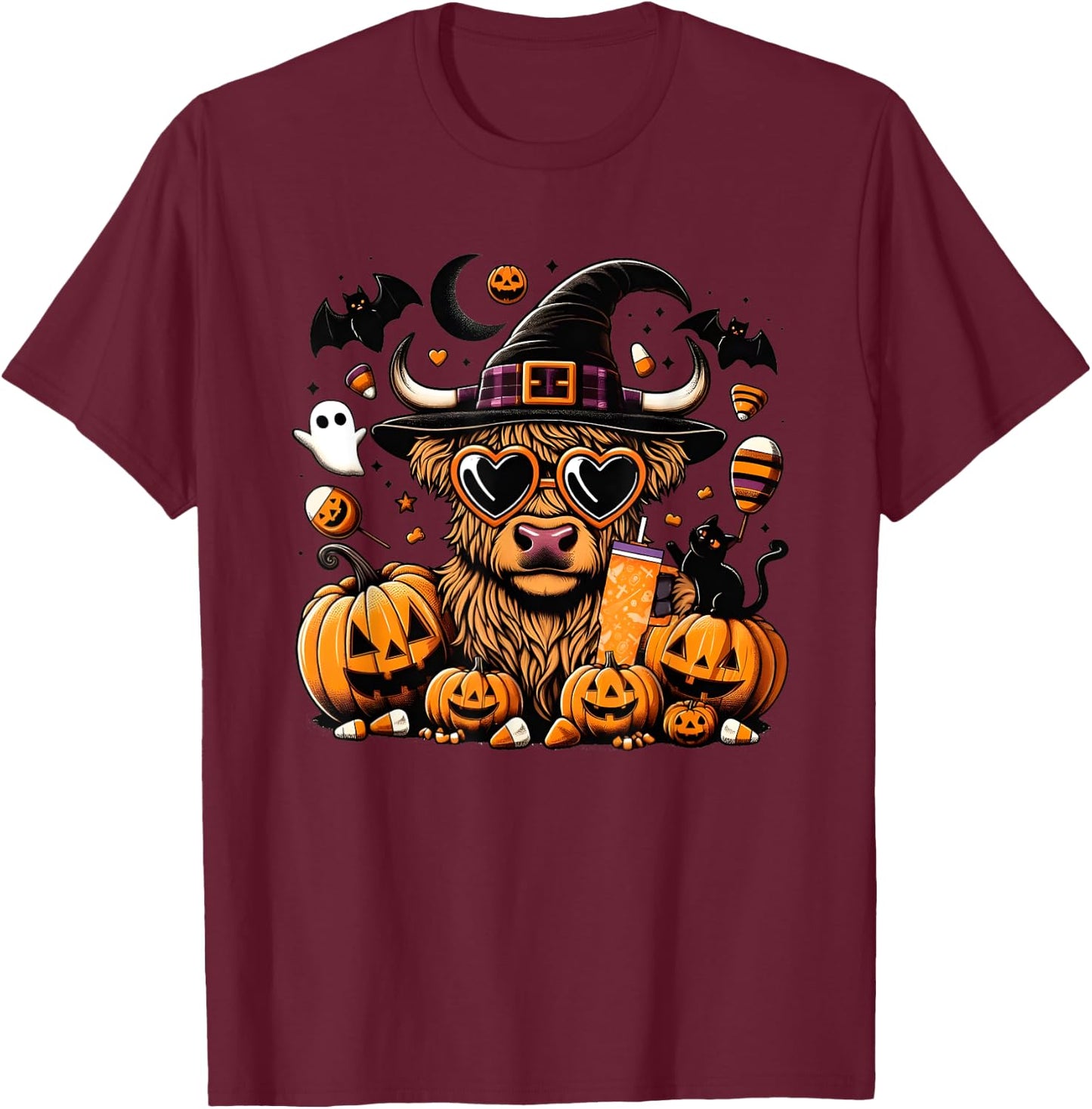 Halloween Highland Cow Bull Halloween Ghost Cows Spooky T-Shirt - T-Shirt | Maroon