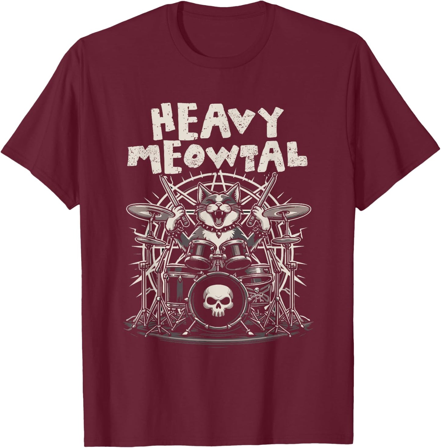 Heavy Meowtal Funny Cat Playing Drums Drummer Cat Meow Men Women Girls Kids T-Shirt - T-Shirt | Maroon