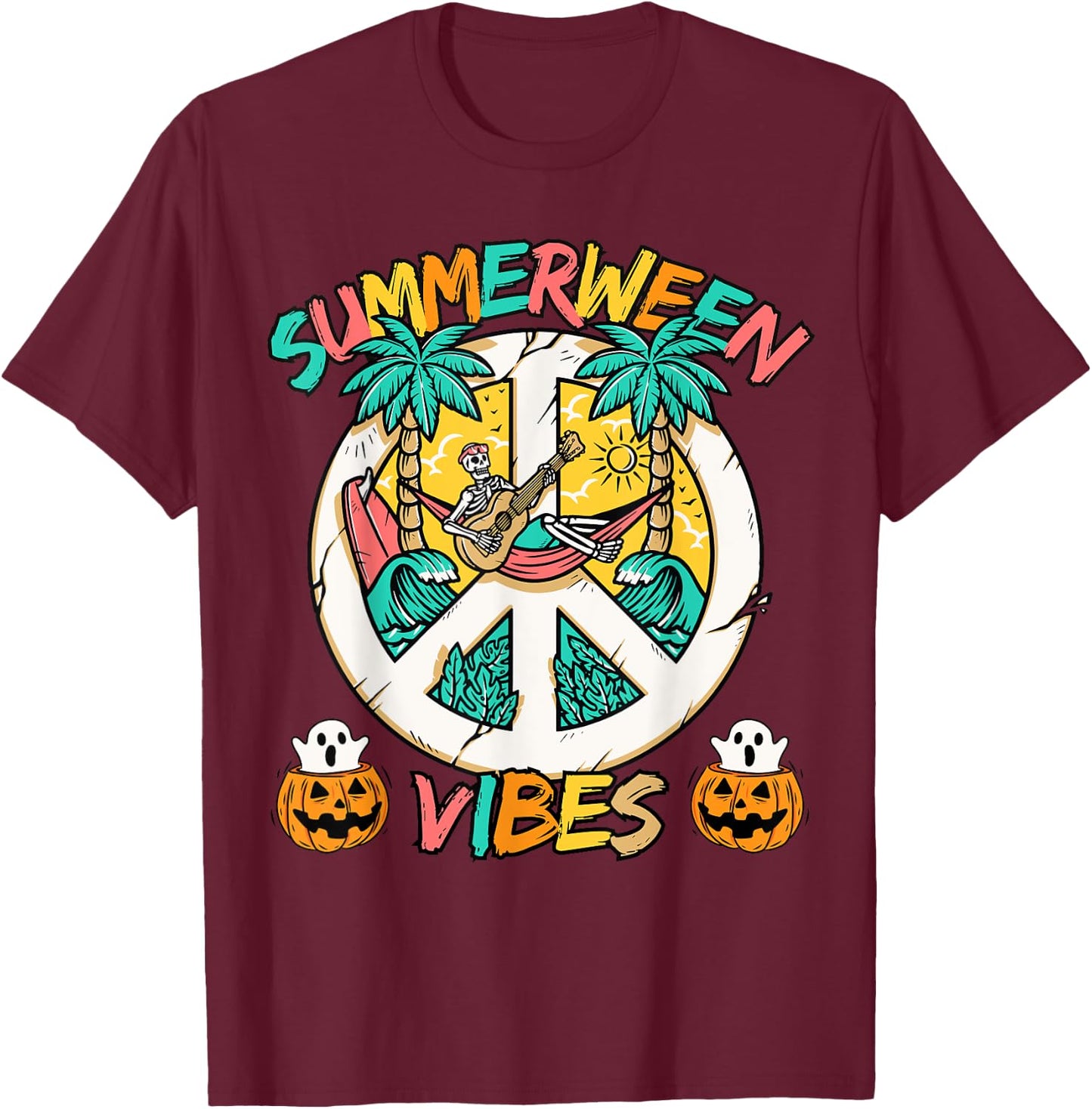 Summerween skeleton chill out at the Beach with summer vibes T-Shirt - T-Shirt | Maroon