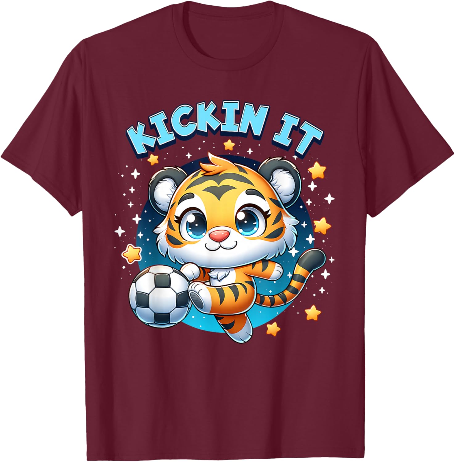 Kickin It Tiger Playing Soccer Kicking Ball Player Girl Boy T-Shirt - T-Shirt | Maroon
