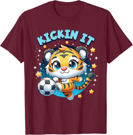 Kickin It Tiger Playing Soccer Kicking Ball Player Girl Boy T-Shirt - T-Shirt | Maroon