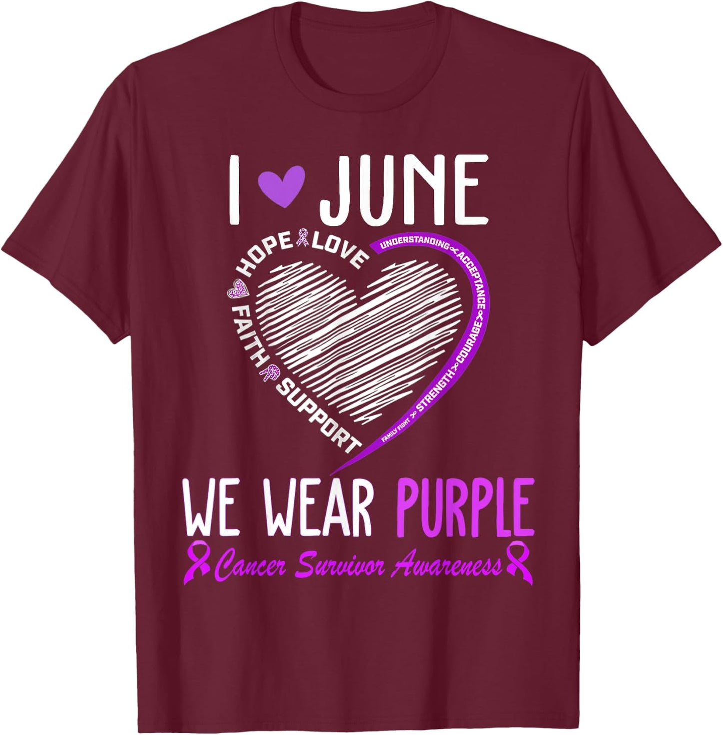 In June We Wear Purple Cancer Survivor Awareness Heart T-Shirt - T-Shirt | Maroon