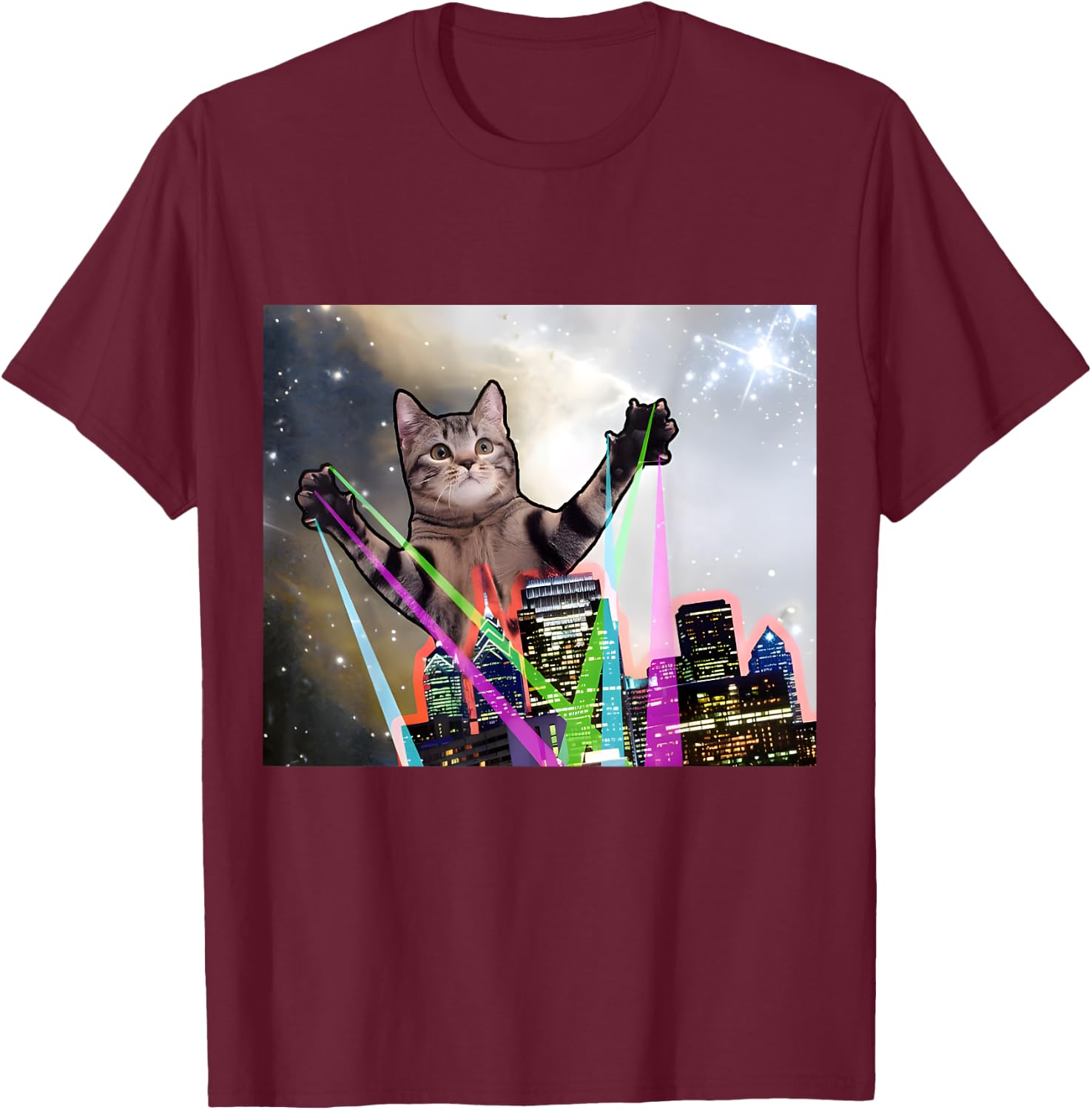 Laser Eyes Space Cat Funny Laser Cat Cute Space Cat Kitten T-Shirt - T-Shirt | Maroon