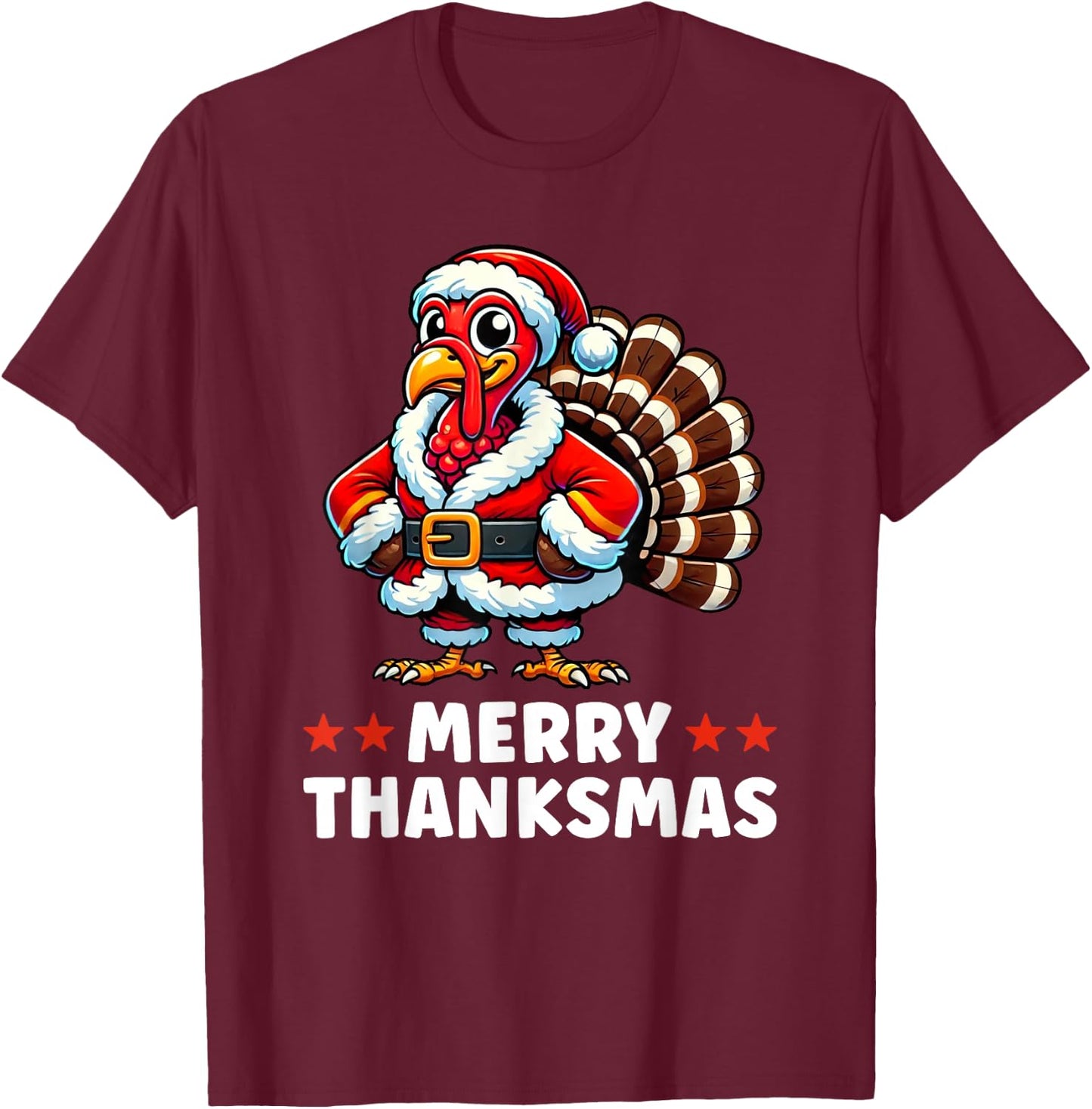 Merry Thanksmas Thanksgiving Turkey Xmas Funny T-Shirt - T-Shirt | Maroon