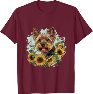 Yorkshire Terrier Yorkie Dog Breed Pet Designs Classic Fit Modern Sunflower Graphic - Black, Small T-Shirt - T-Shirt | Maroon