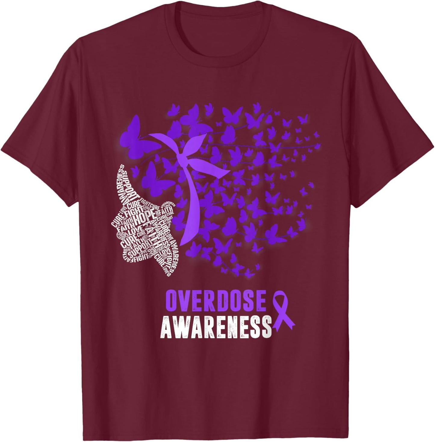 Overdose Awareness Month Butterfly Purple Ribbon T-Shirt - T-Shirt | Maroon