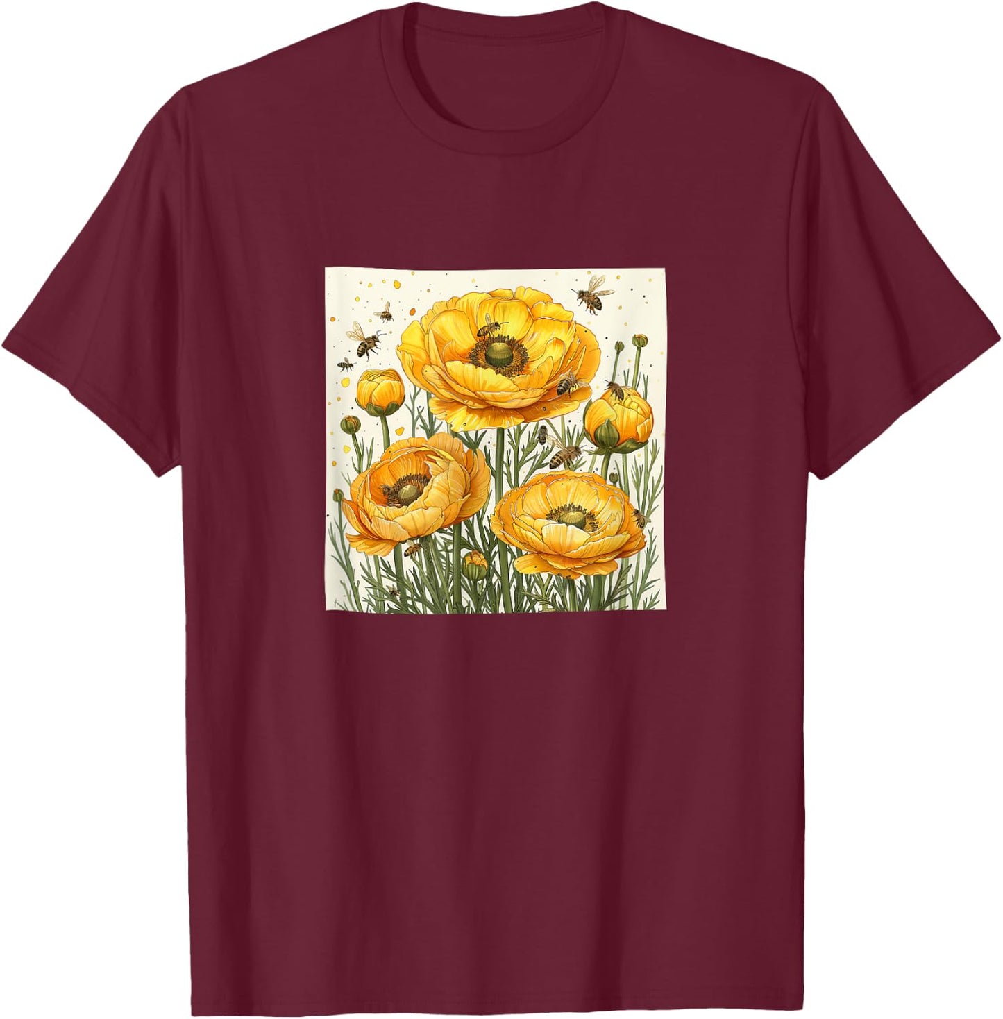 Ranunculus Flower Blooming With Bees Around Graphic T-Shirt - T-Shirt | Maroon