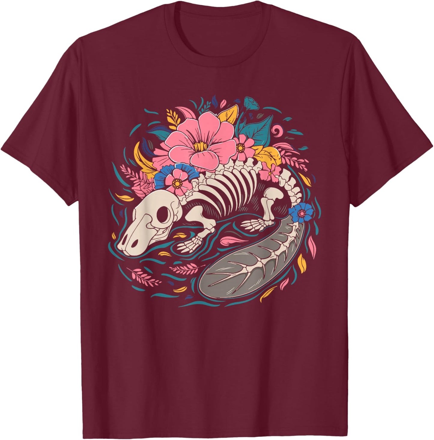 Flower Animal Platypus - Wildlife Duckbill Floral Skeleton T-Shirt - T-Shirt | Maroon