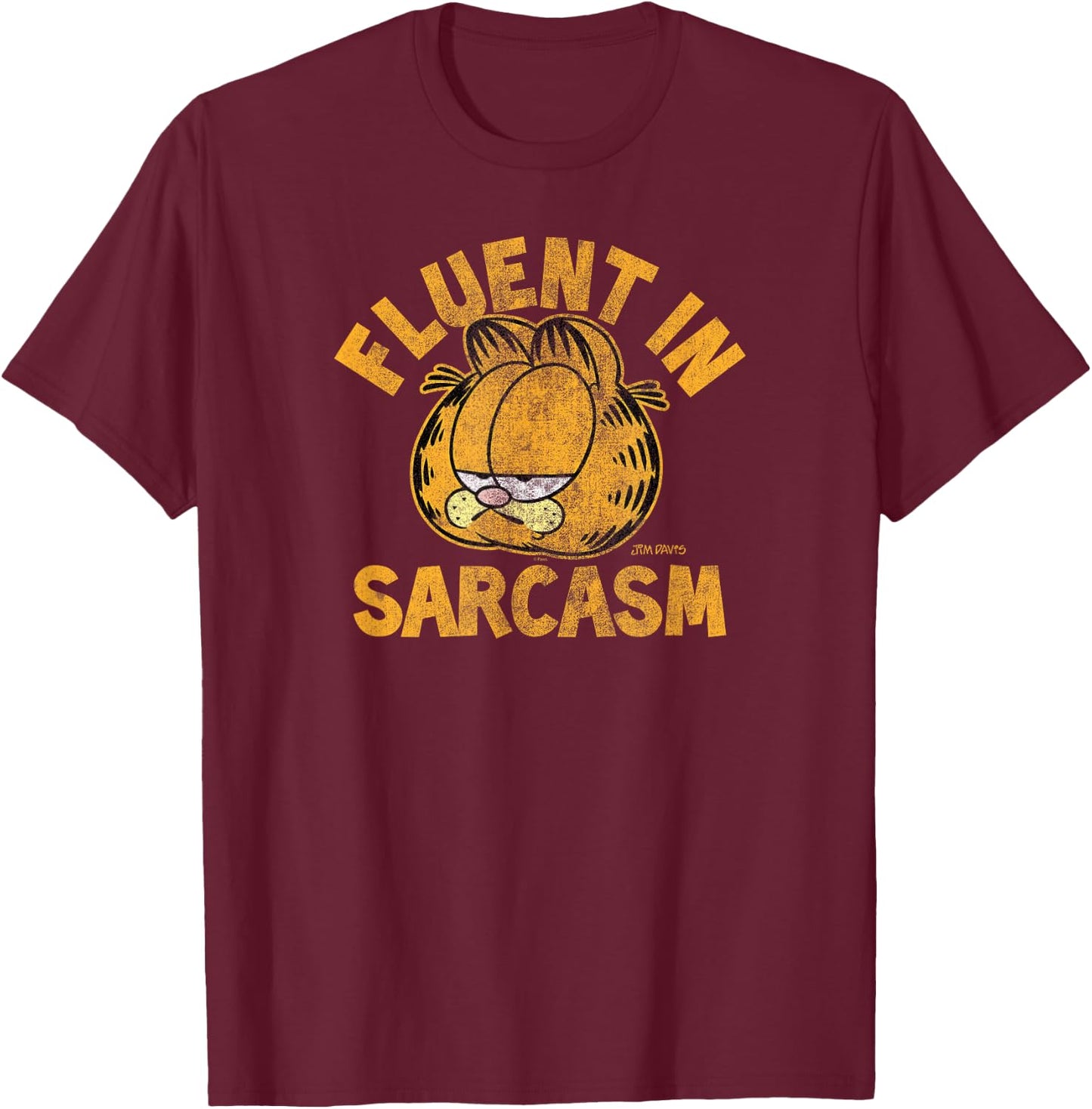 Garfield Fluent in Sarcasm Distressed Cartoon Cat T-Shirt - T-Shirt | Maroon