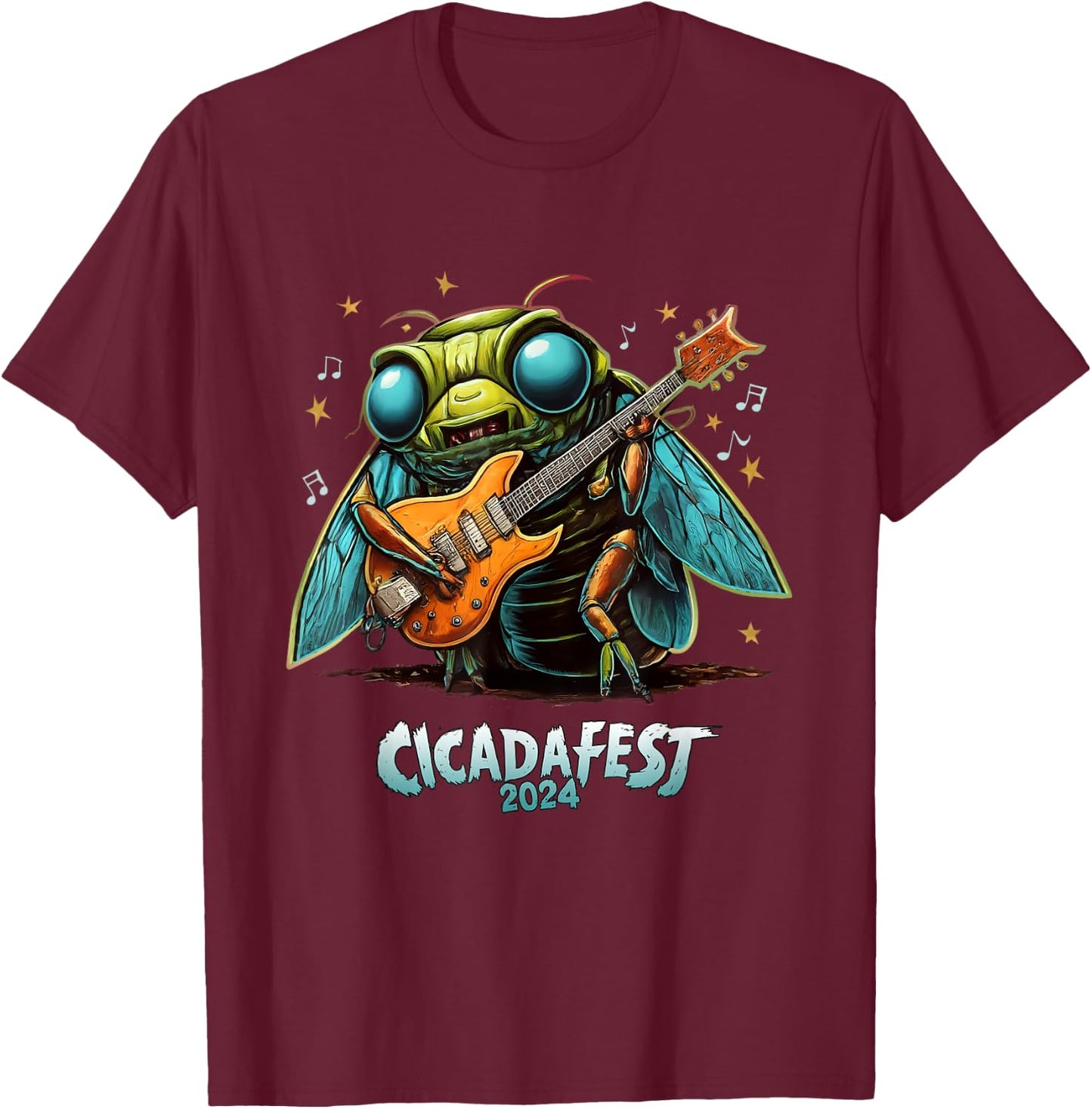 Dibble Dabble Designs Cicadas Cicada fest 2024 Guitar Playing Cicada , Small, Black T-Shirt - T-Shirt | Maroon