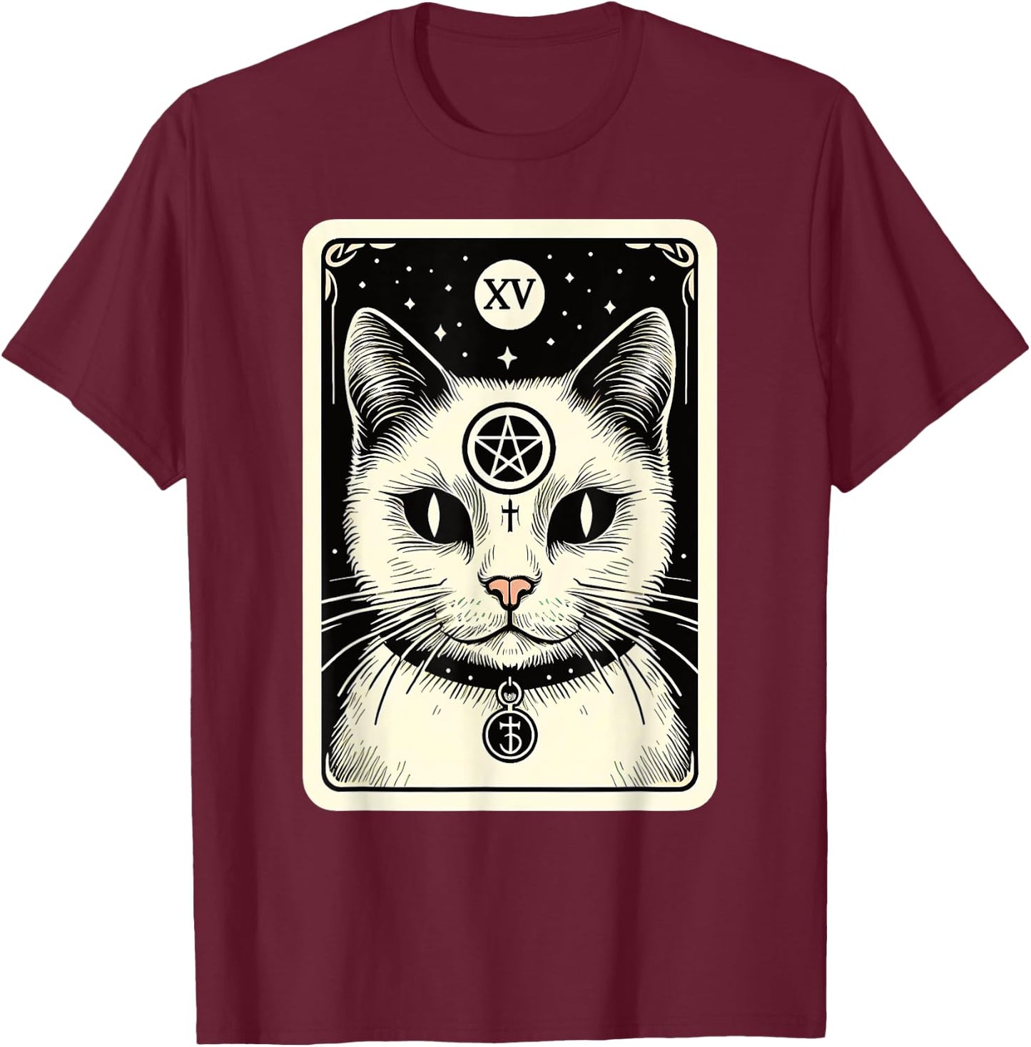 Tarot Card Cat The Devil, Satanic Goth Halloween Cat Men Women T-Shirt - T-Shirt | Maroon