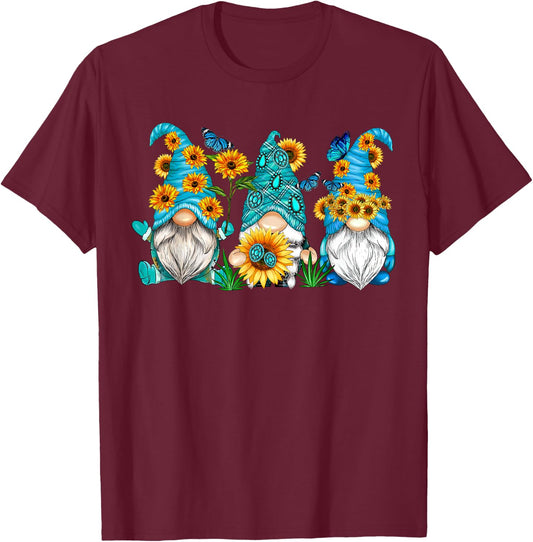 Cute Gnomes With Sunflower Butterfly Gardener Summer Floral T-Shirt - T-Shirt | Maroon