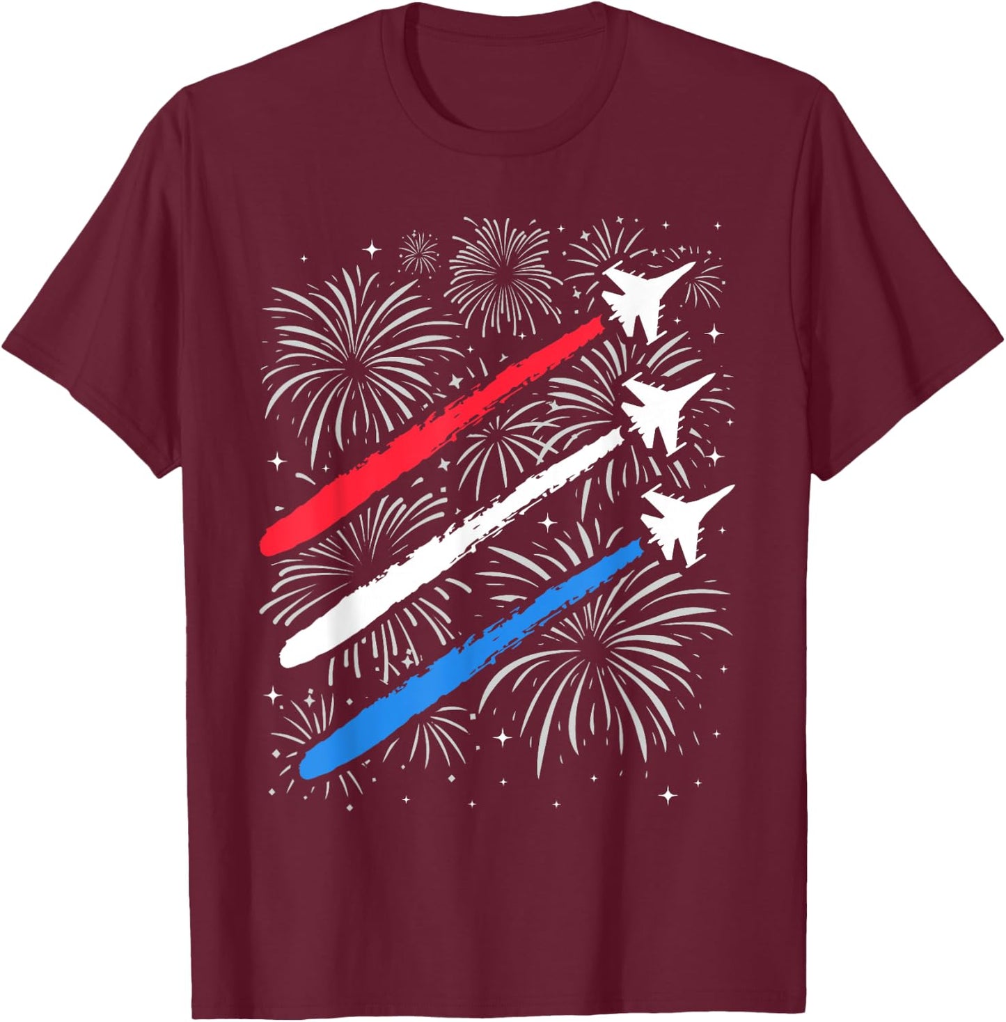 Red White and Blue Fighter Jets with Fireworks 4th of July T-Shirt - T-Shirt | Maroon