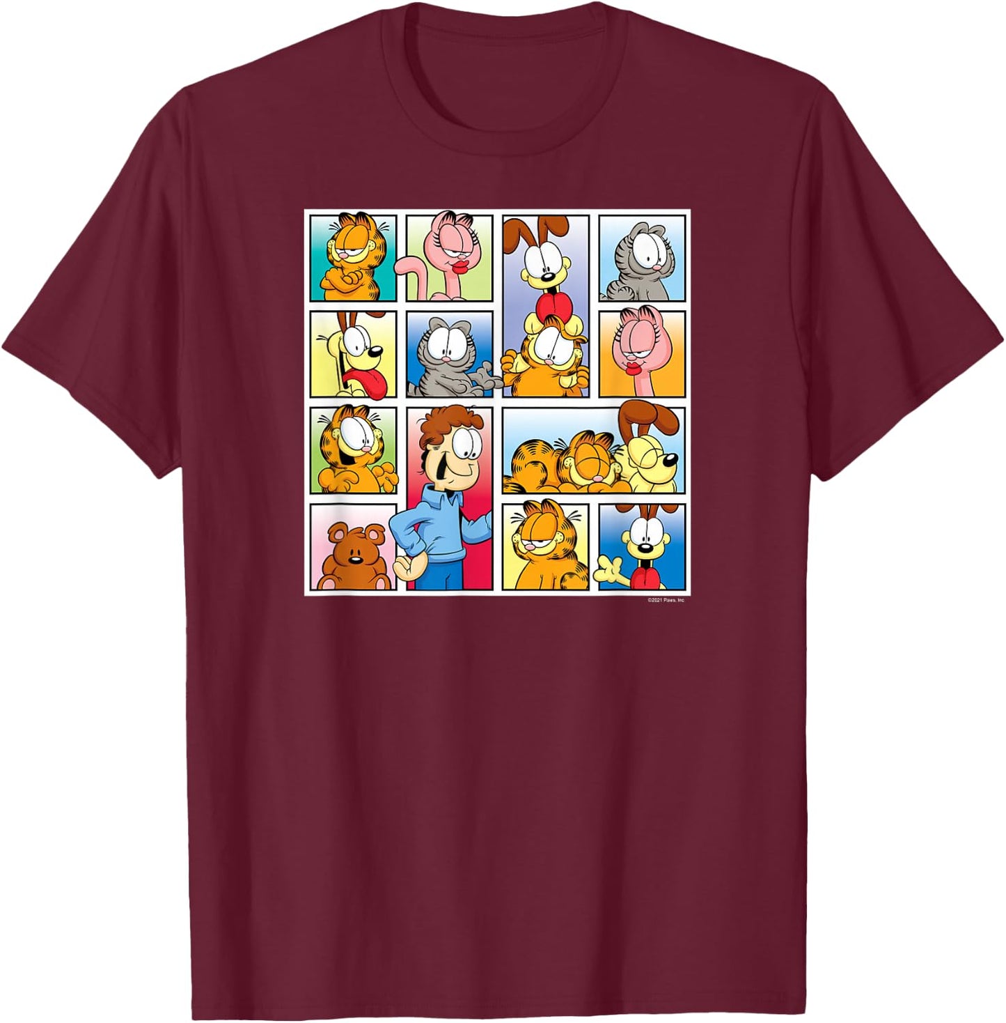 Garfield - Jon, Odie, Arlene, Nermal Friends Grid T-Shirt - T-Shirt | Maroon