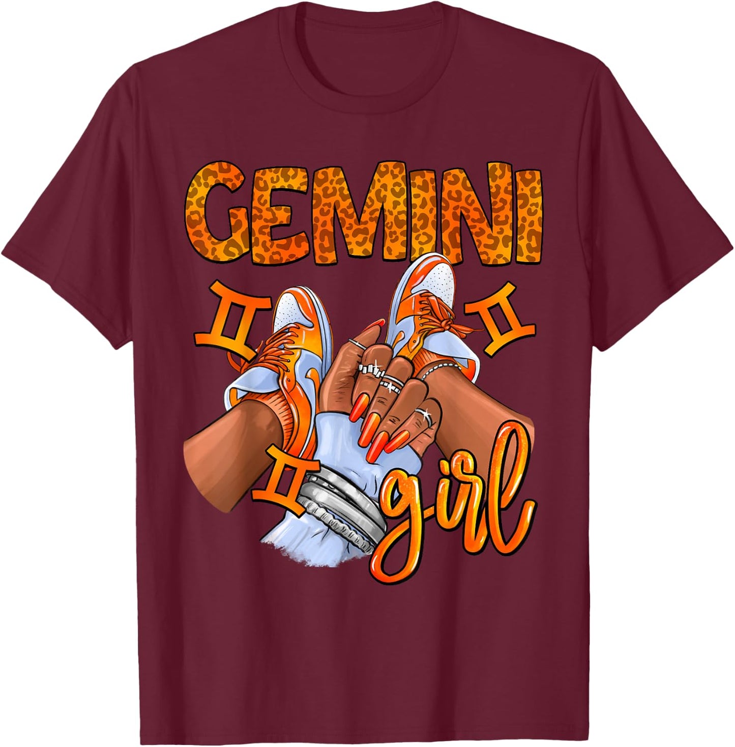 Gemini Black Girl Women Sneakers Nails Zodiac Birthday T-Shirt - T-Shirt | Maroon