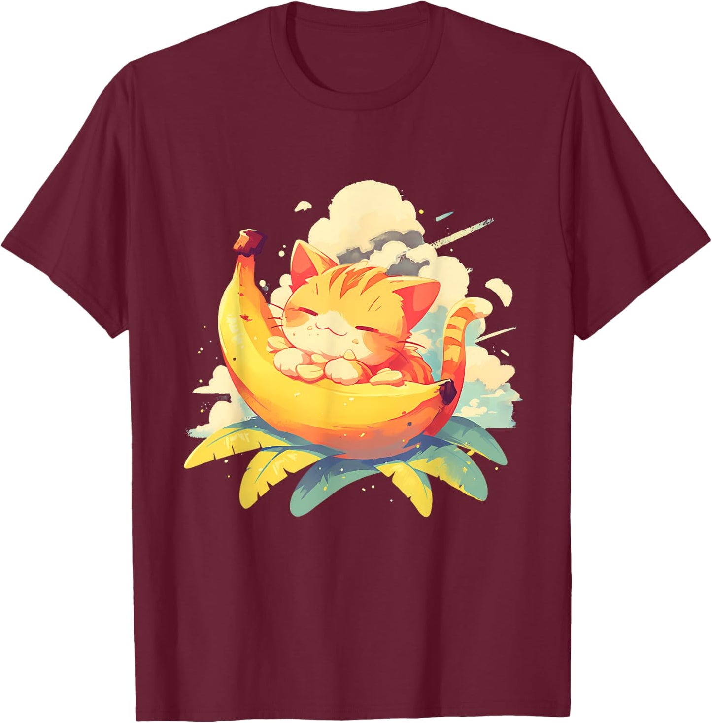 Banana Cat Colourful Artwork Banana Fruits Drawing Cute Cat Men Women Kids T-Shirt - T-Shirt | Maroon