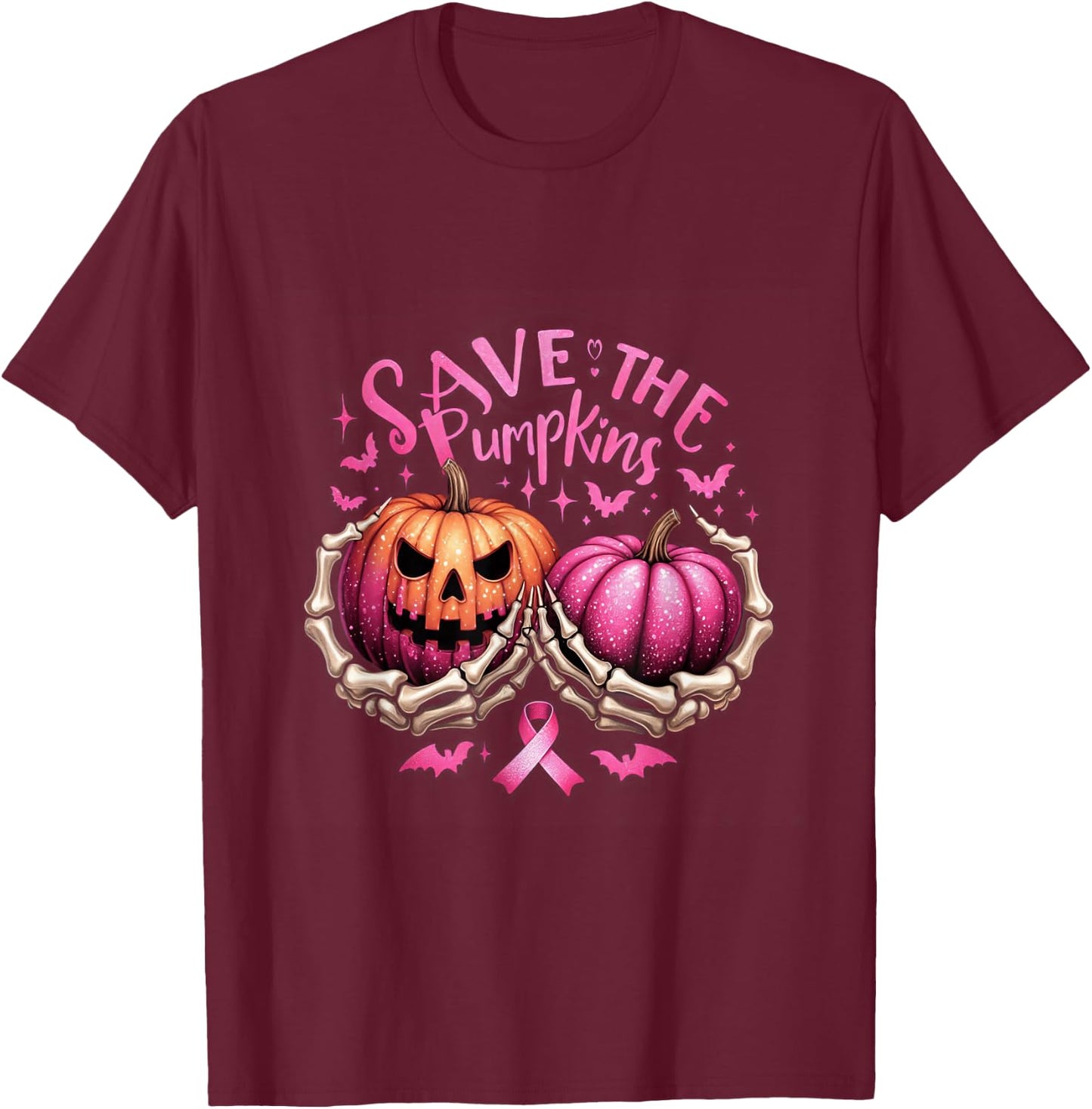 Save The Pumpkins Skeleton Halloween Breast Cancer Awareness T-Shirt - T-Shirt | Maroon