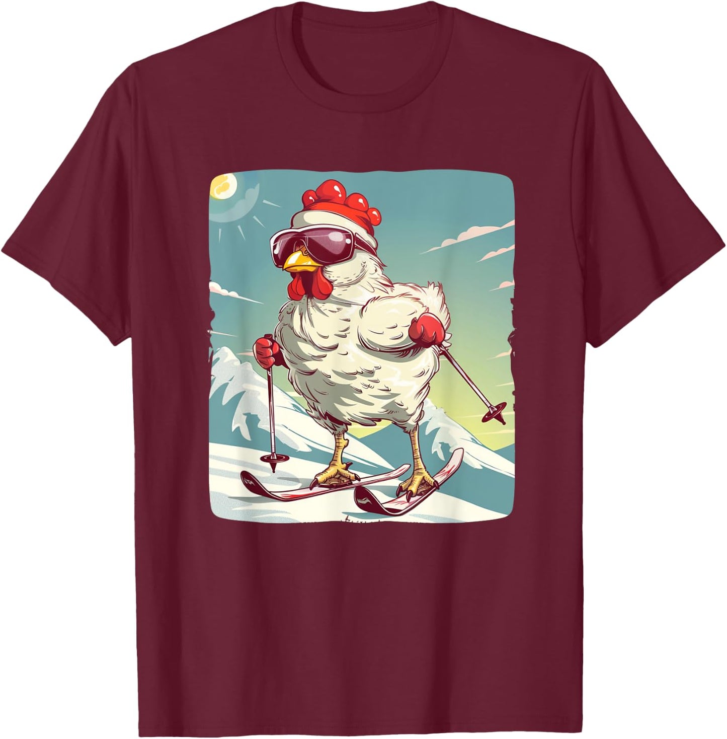 Funny Winter Chicken with Cross-country skiing Shoes Outfit T-Shirt - T-Shirt | Maroon